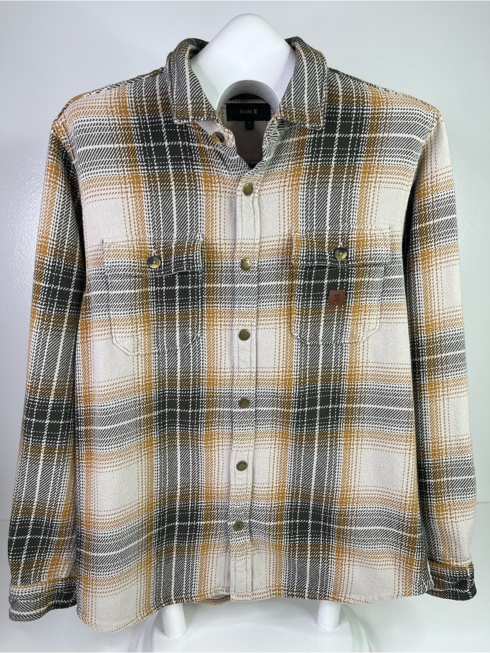 Roark Plaid Flannel Shirt Cream Tan Black Woven Heavy Cotton Mens Size Medium